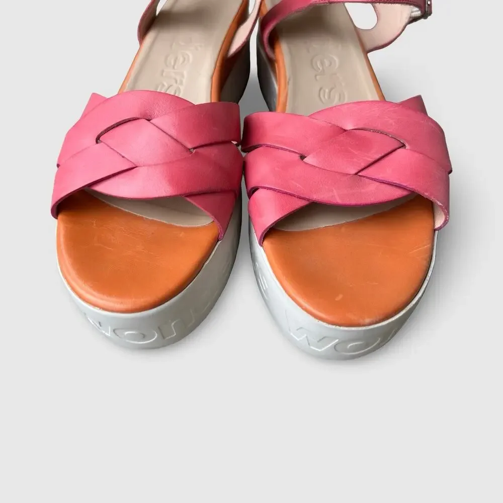 Wonders Fly Pink Leather Wedge Leather Sandals Women’s 41 Strappy Platform